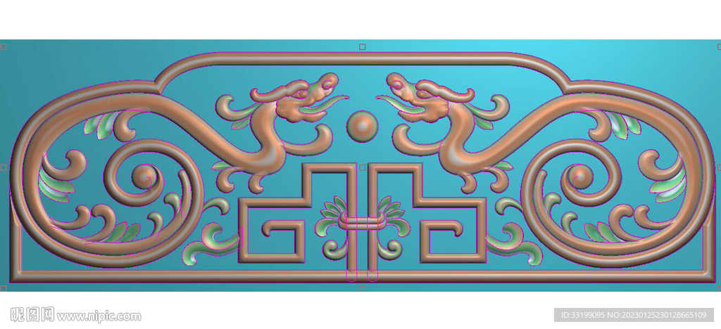 仿古双龙草龙靠背板精雕图灰度图