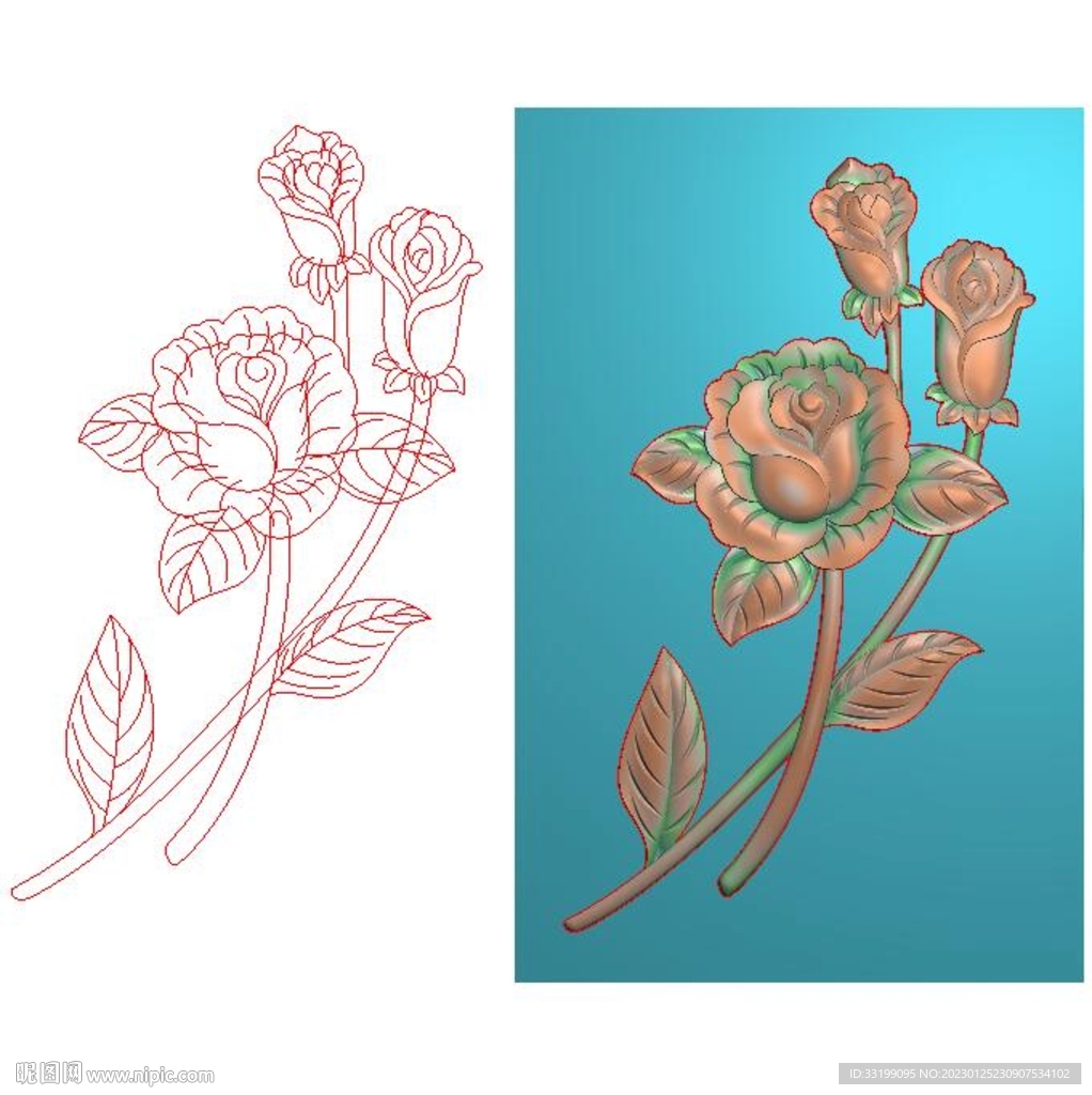 玫瑰花精雕图花朵灰度图电脑雕刻