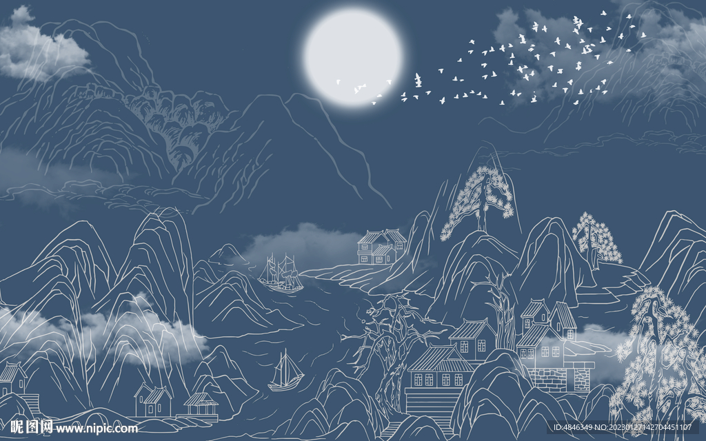 新中式国画线条背景墙