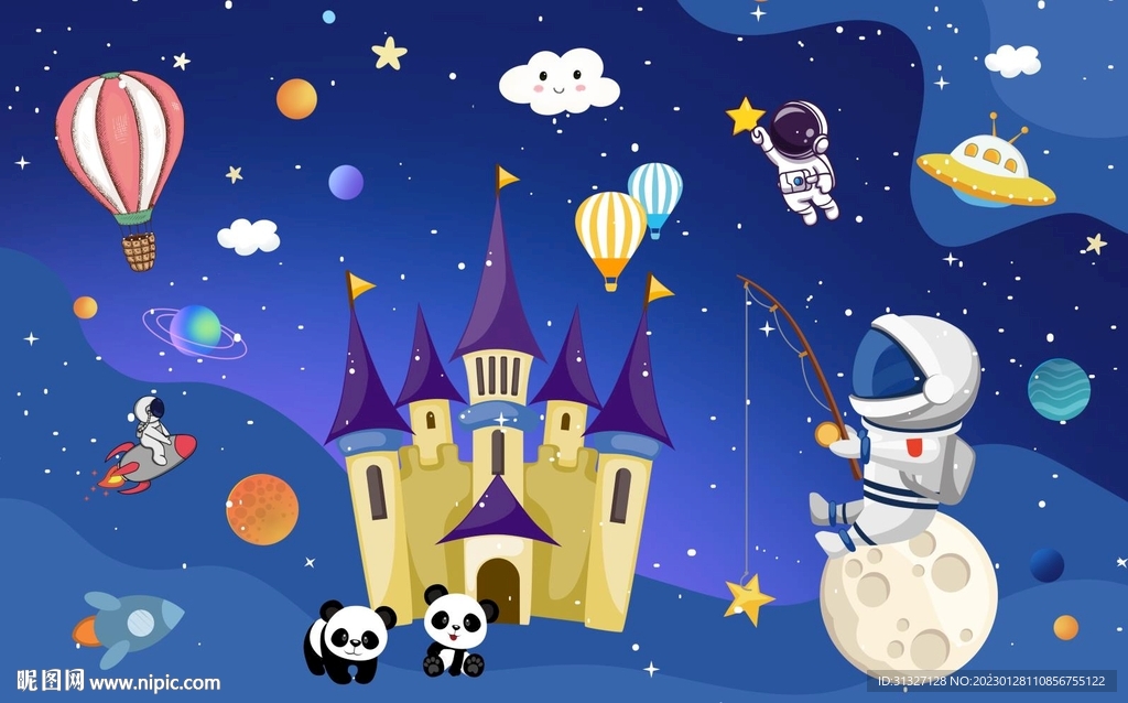 卡通动物太空儿童背景墙图片