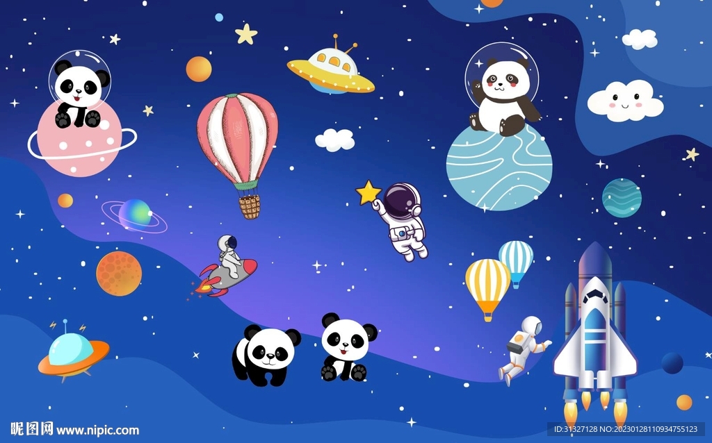 卡通熊猫动物太空星球背景墙