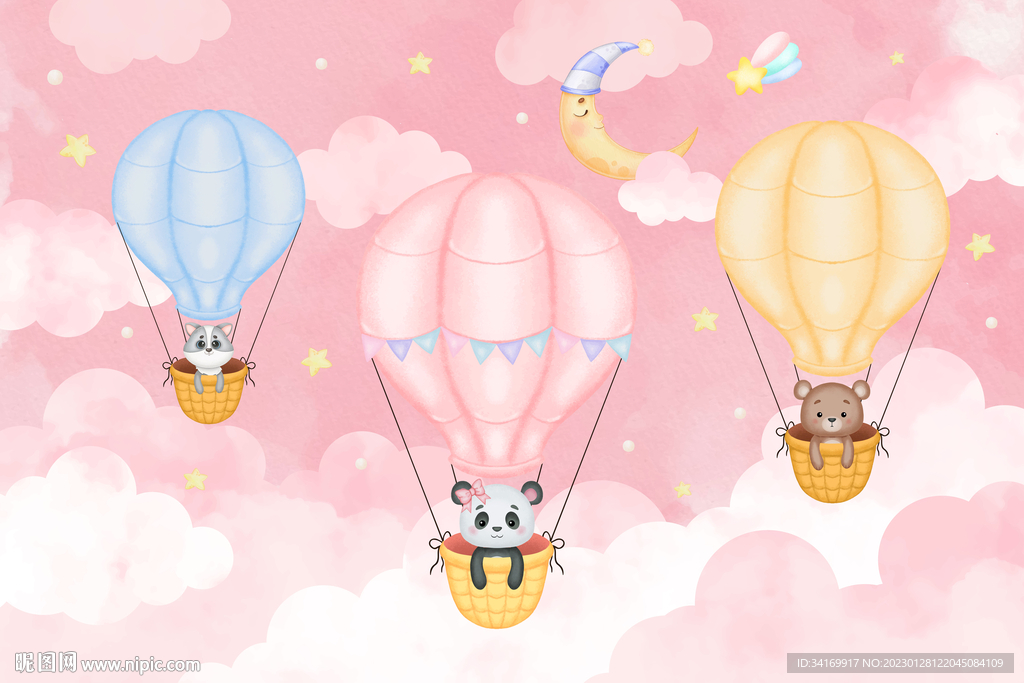 粉色卡通云朵热气球动物背景墙
