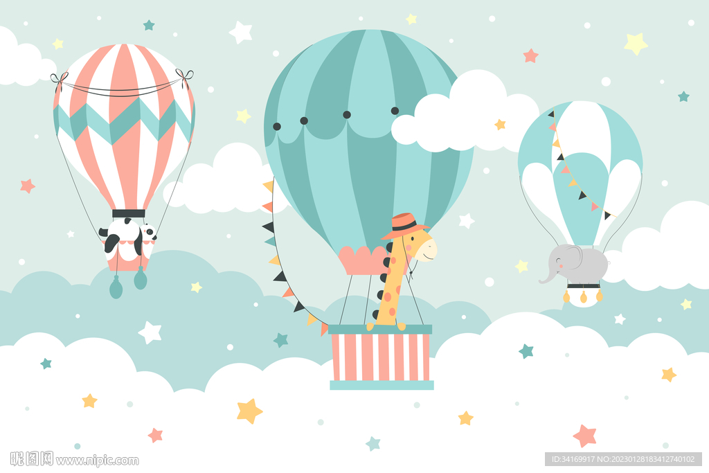 可爱云朵卡通气球动物儿童背景墙