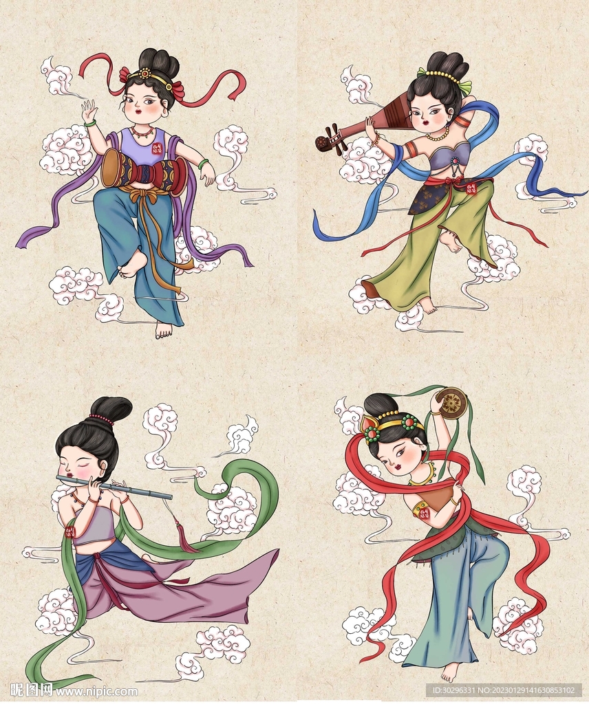 一组Q版敦煌飞天仙女插画