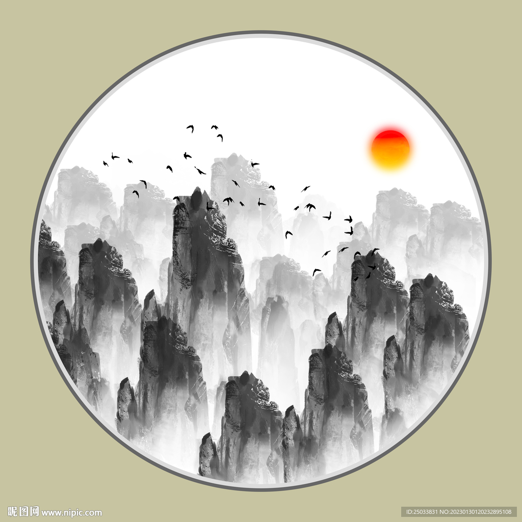 圆形水墨山水