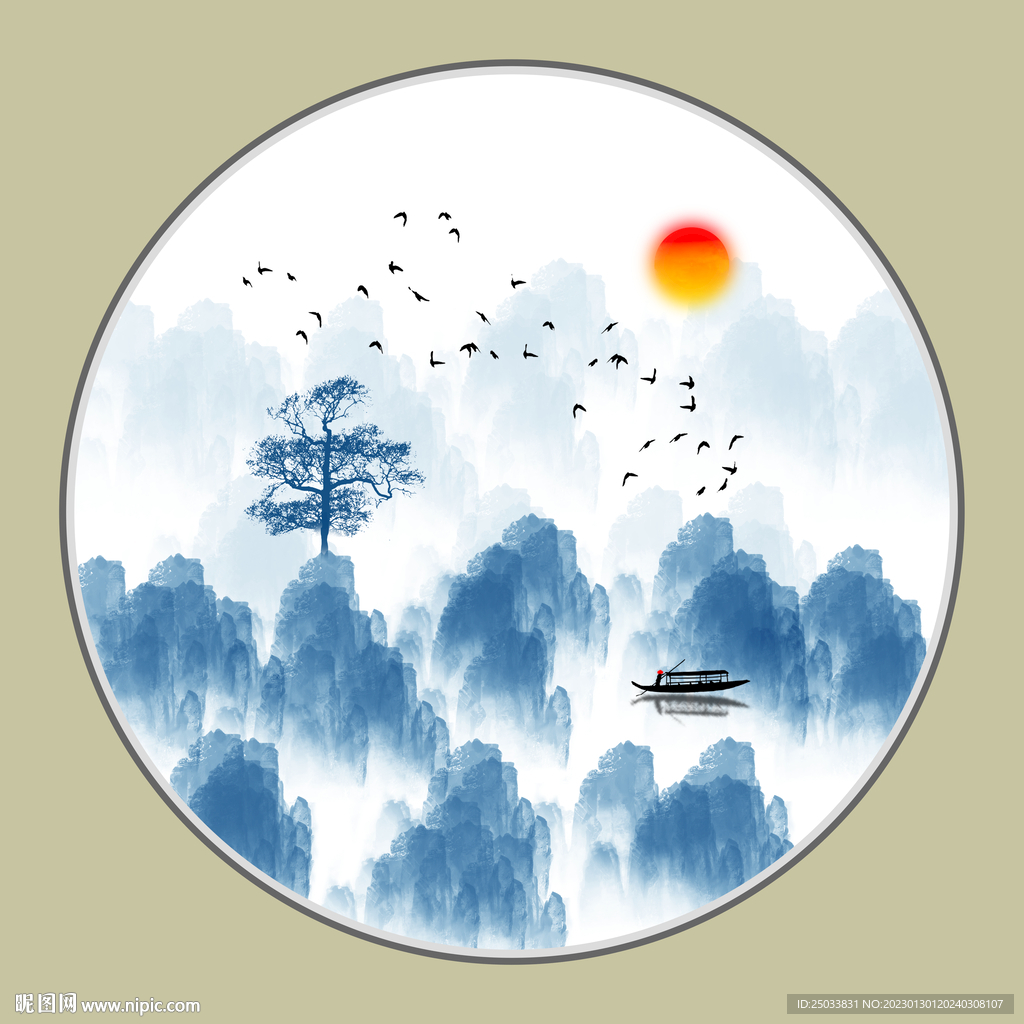  圆形水墨山水