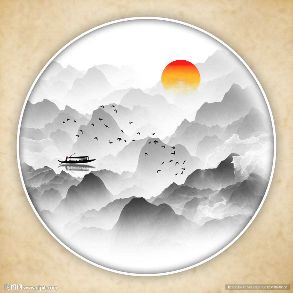 水墨山水圆框山水画轻奢山水画