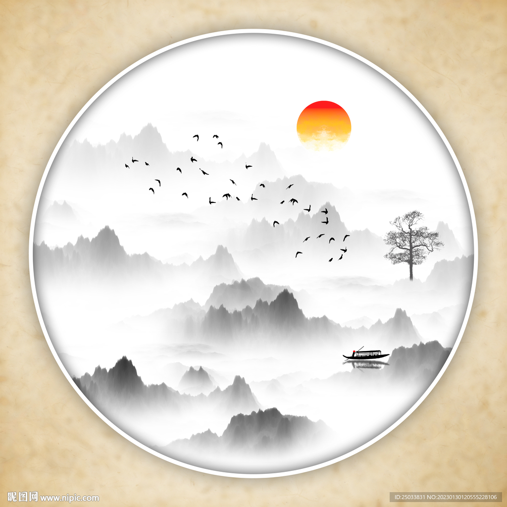 新中式意境水墨山水圆形装饰画