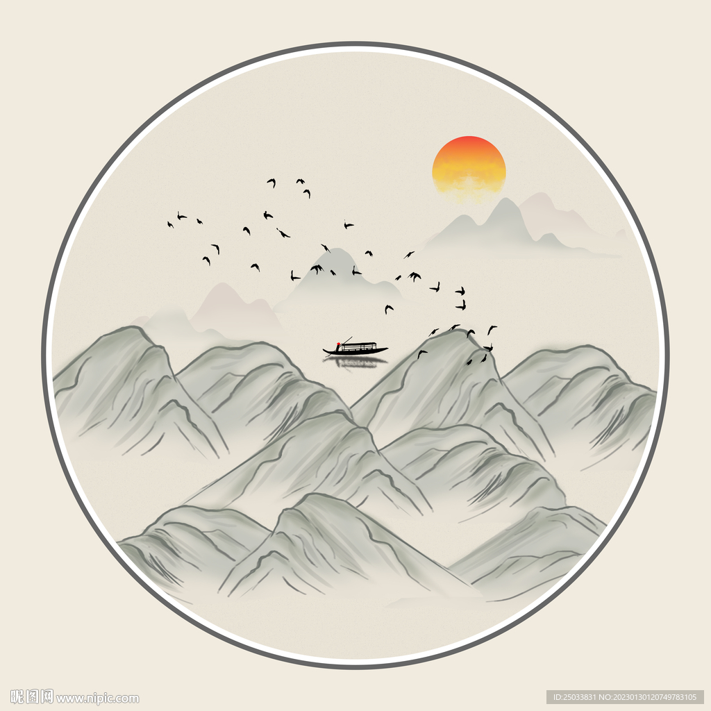 圆框山水画