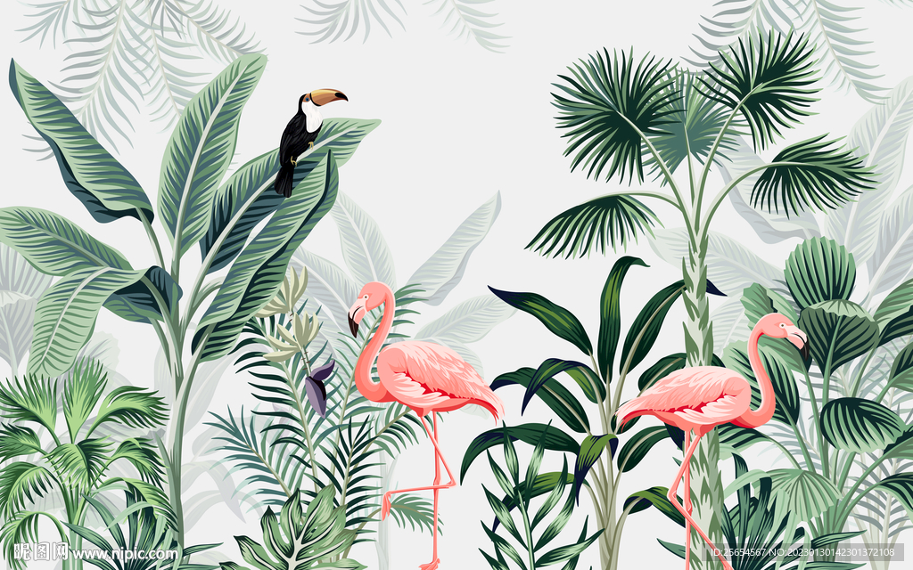 热带雨林芭蕉火烈鸟背景墙