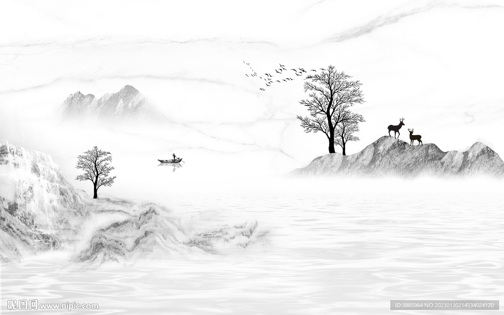 中式意境水墨山水电视背景墙图片