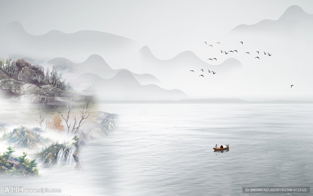 中式水墨山水画电视背景墙图片