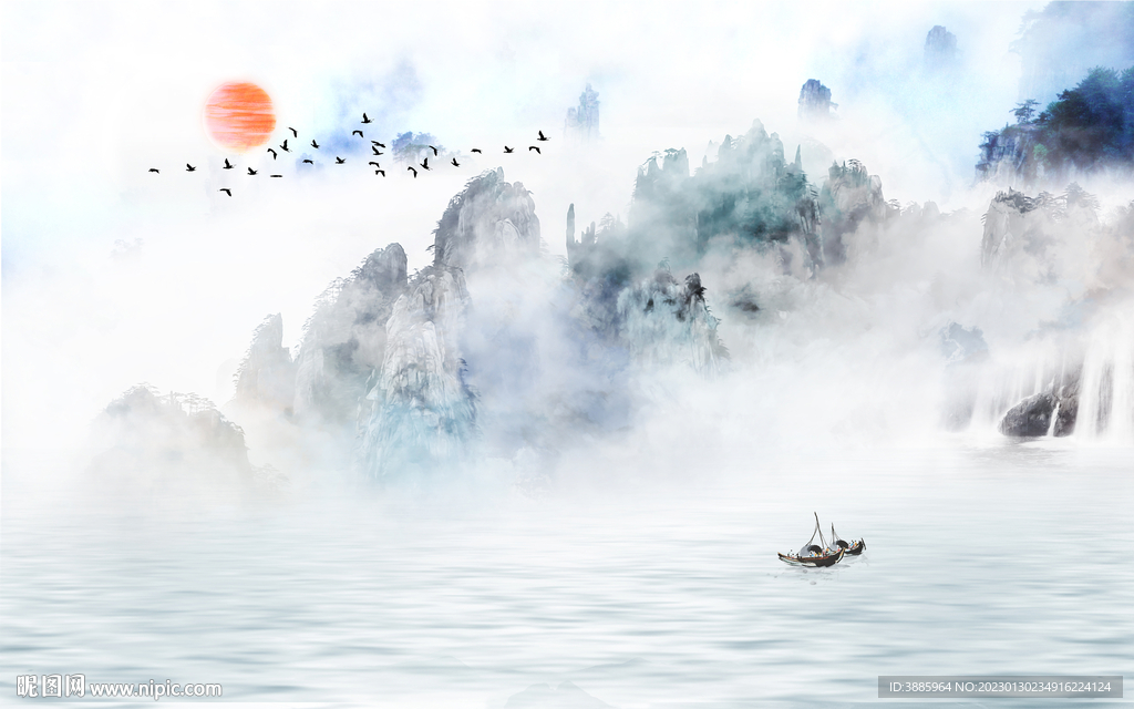 山水风光新中式电视背景墙图片