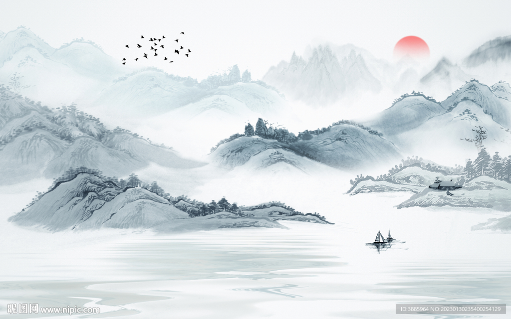 中式水墨山水画电视背景墙图片