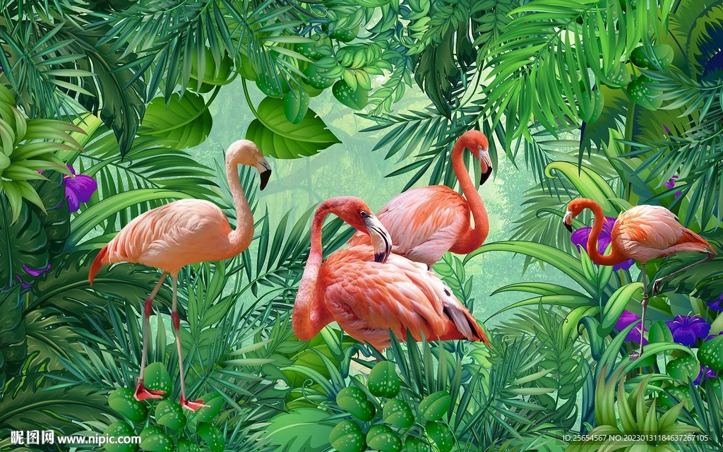 热带植物火烈鸟背景墙