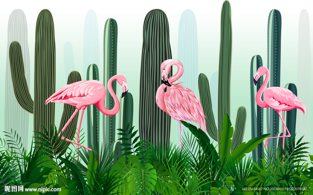 清新北欧火烈鸟背景墙