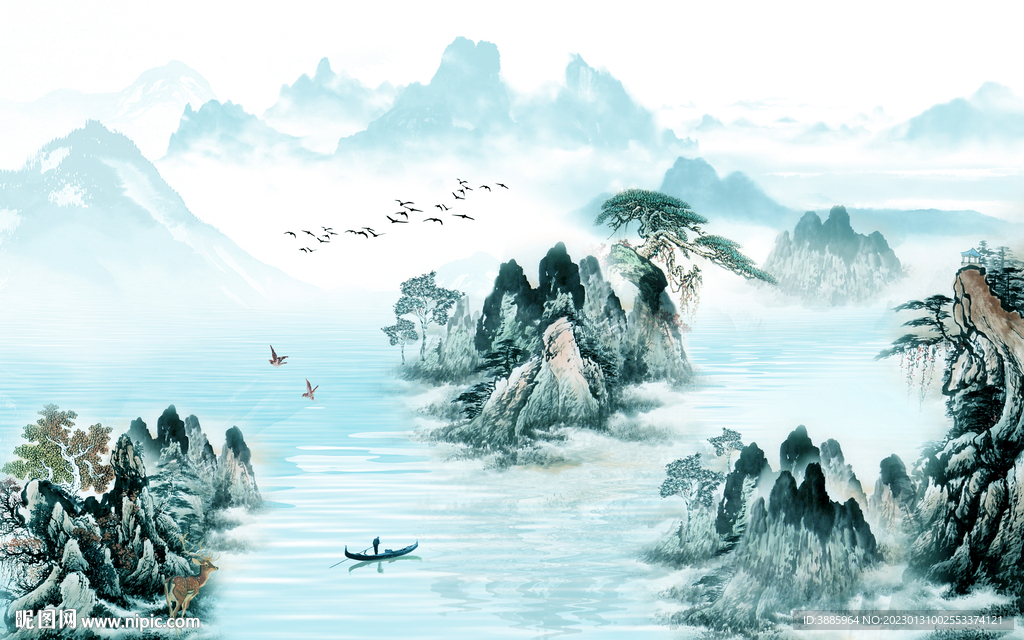 新中式护墙板山水背景墙图片
