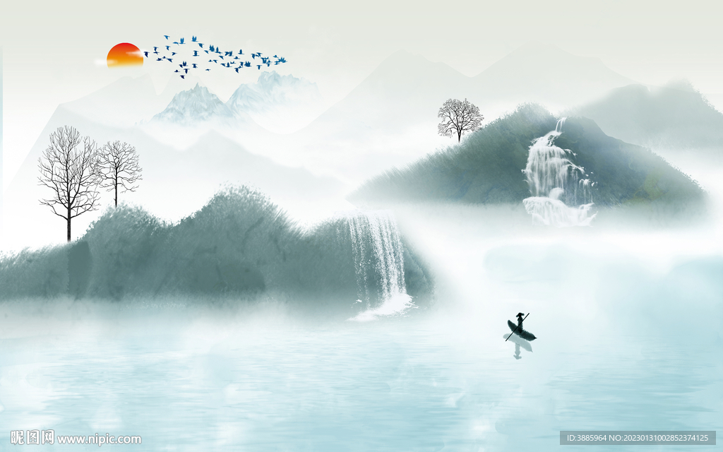 新中式水墨山水背景墙图片