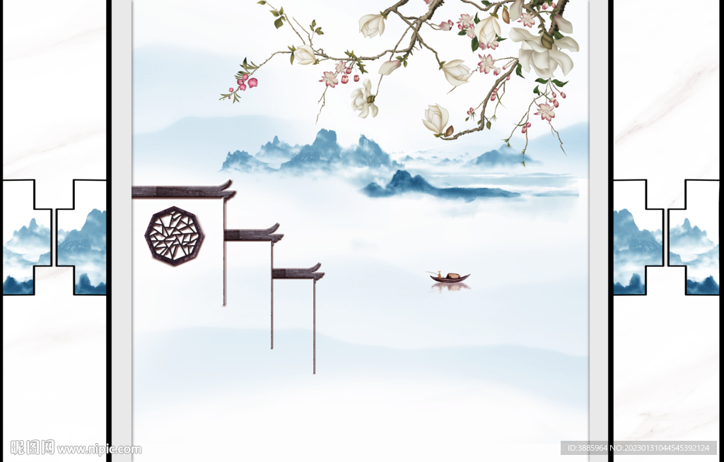 新中式护墙板山水背景墙图片