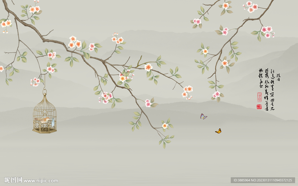 花鸟画工笔画新中式背景墙图片