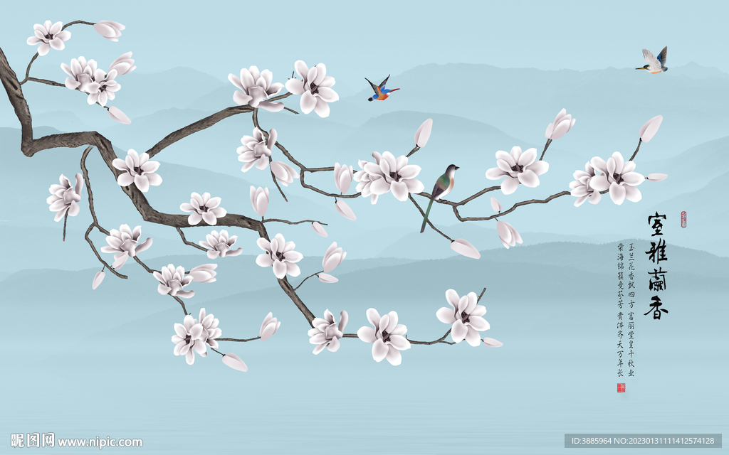 花鸟画工笔画新中式背景墙图片