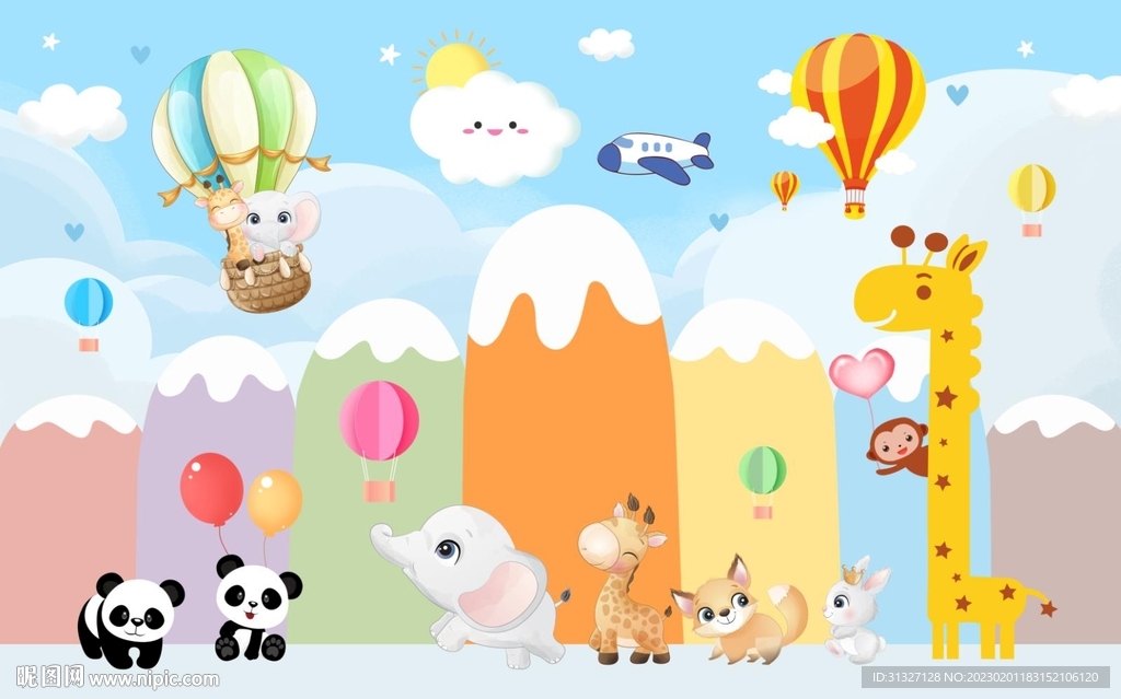 彩虹山峰动物乐园背景墙图片