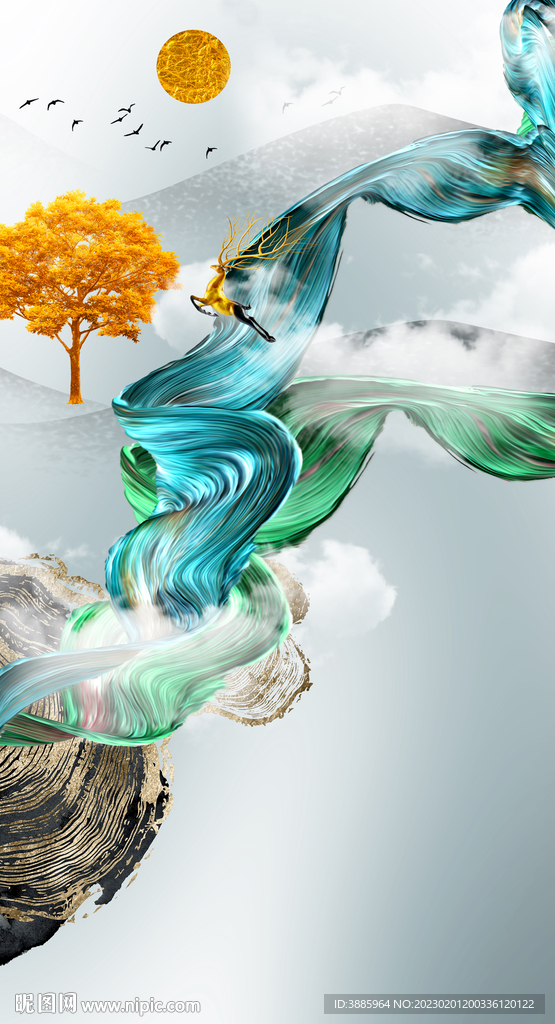 飘带麋鹿装饰画玄关图片