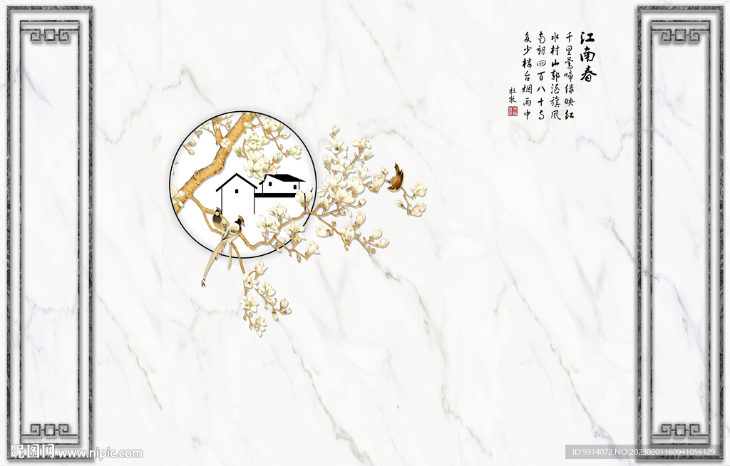 灰白根大理石背景墙 江南春兰花