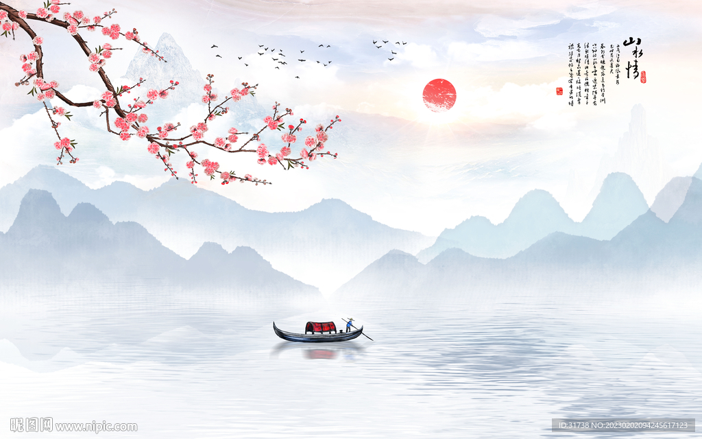 新中式工笔花鸟画电视背景墙