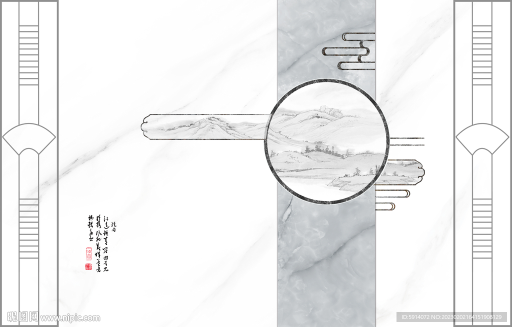 灰白根大理石背景墙 山水画