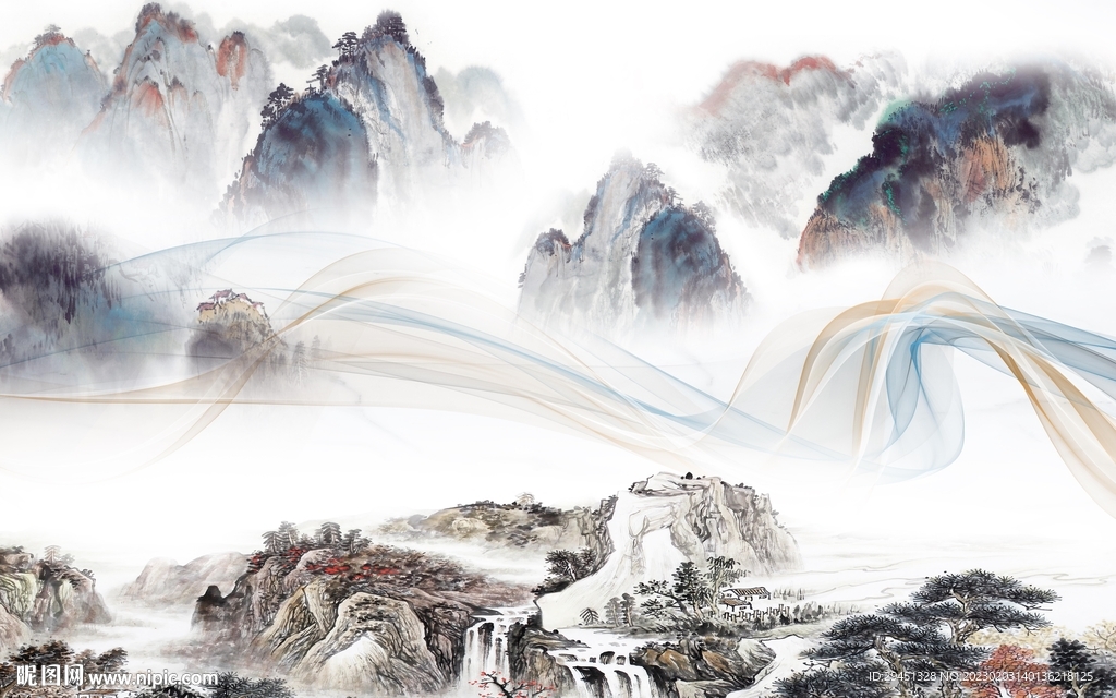 人气 高端山水墙画 tif分层