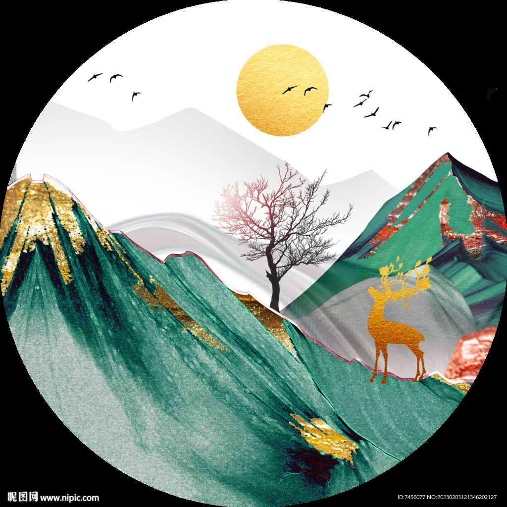 新中式山脉麋鹿风景画圆形挂画