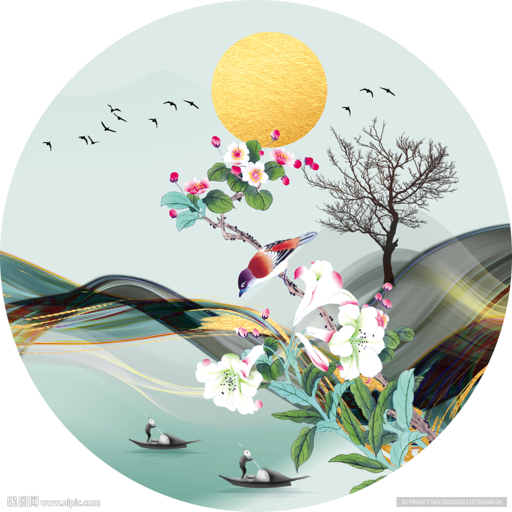 湖畔水墨花鸟圆形挂画装饰画