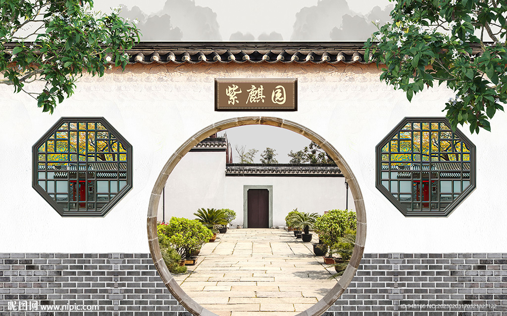 复古江南庭院背景设计