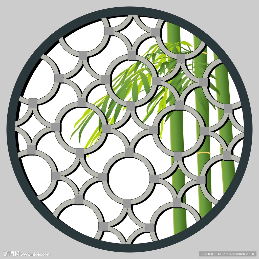 绿色竹叶竹子圆形窗户矢量背景图
