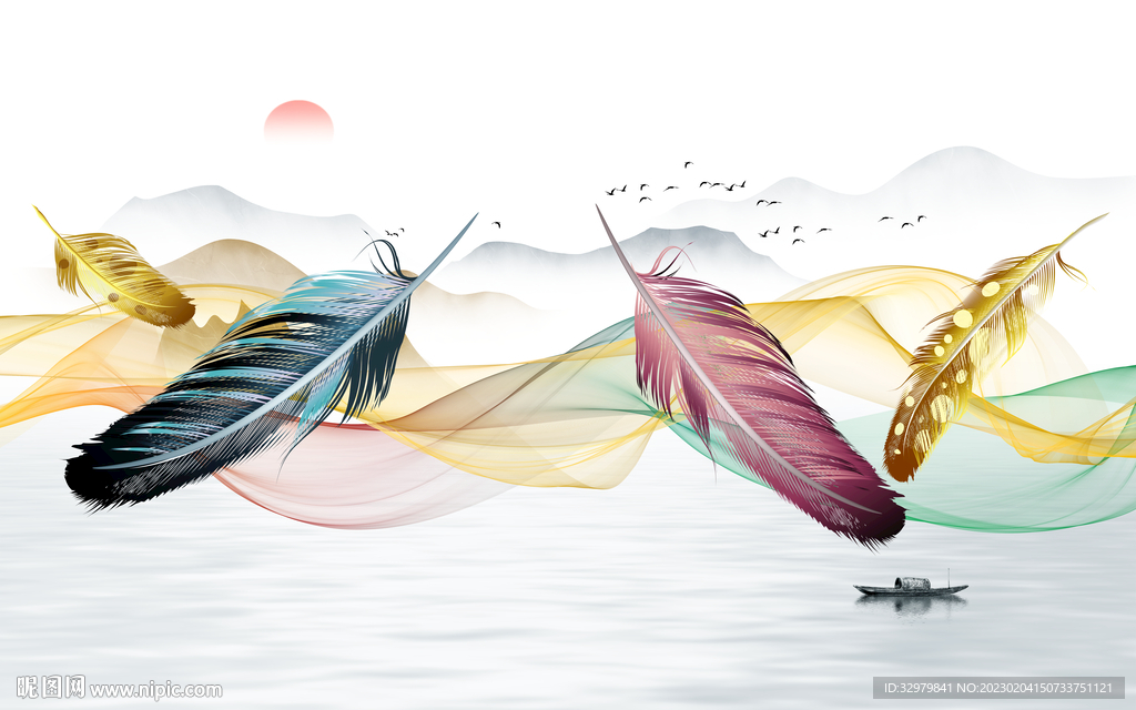 羽毛 新款中式山水 tif分层