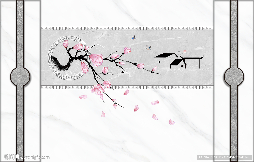 灰白根大理石背景墙 梅花