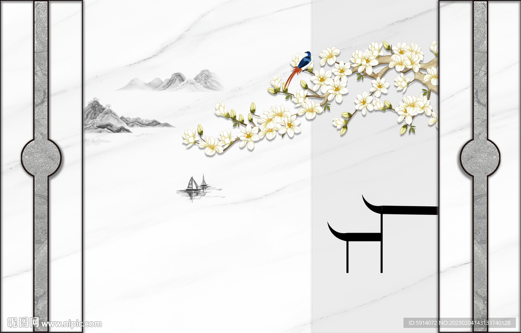 灰白根大理石山水背景墙 兰花 