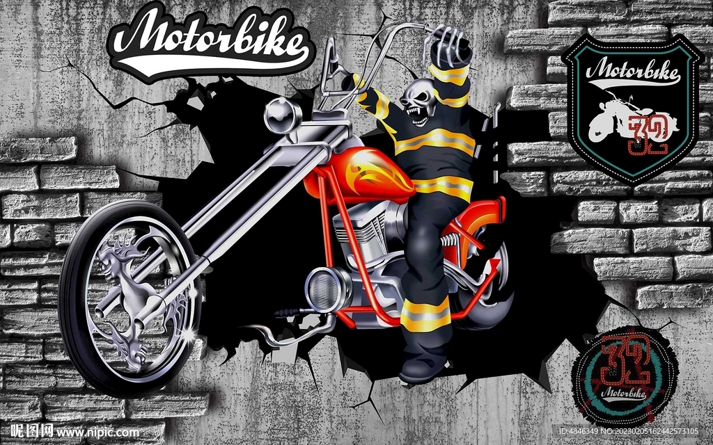 3D摩托骑士冲破砖墙背景墙