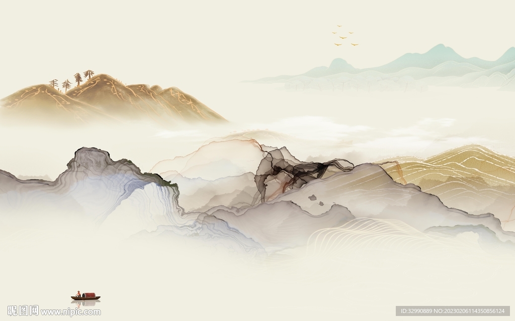 最新 山水画背景墙 TIf分层