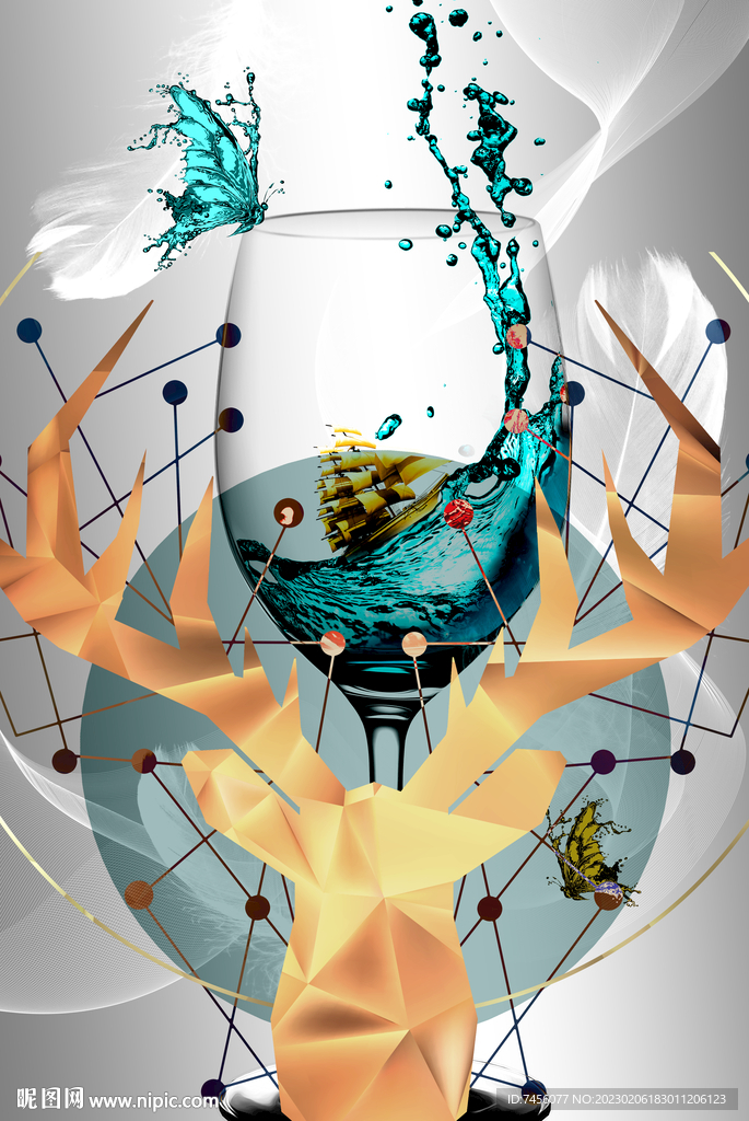 酒杯麋鹿水彩挂画装饰画