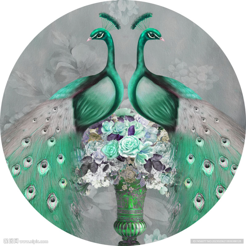 孔雀花卉唯美圆形挂画装饰画