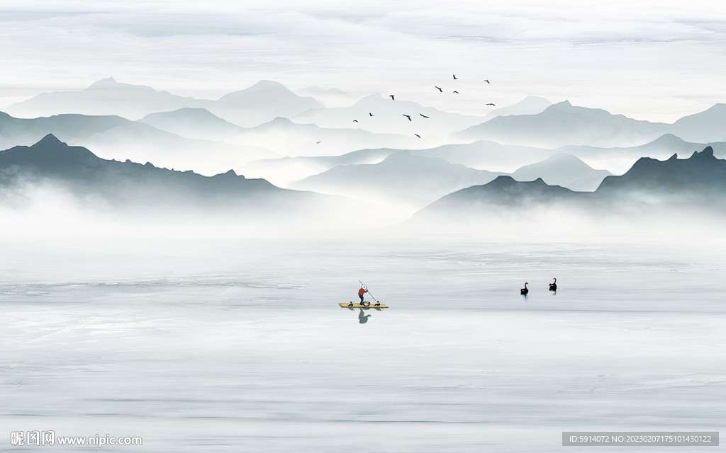 水墨山水画背景墙 船