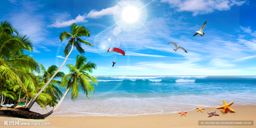 蓝天白云海滩电视背景墙