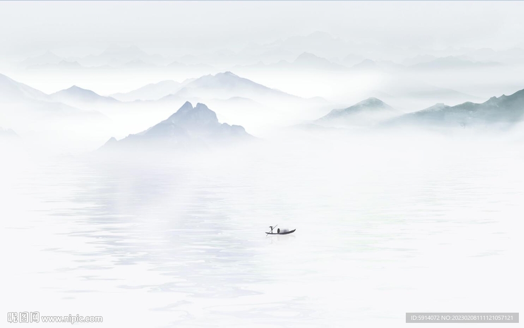 水墨山水画背景墙 船