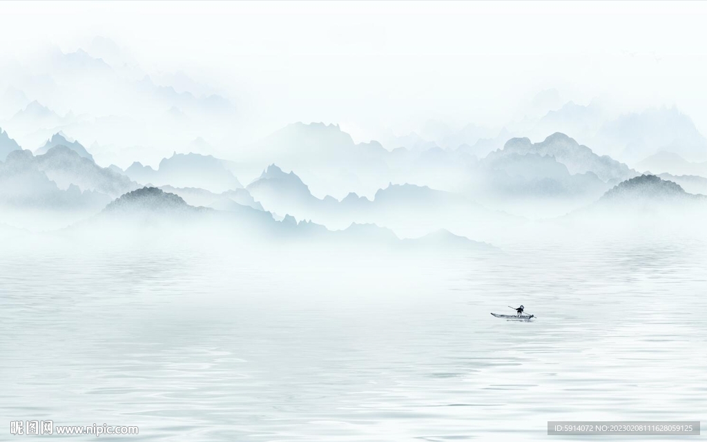 水墨山水画背景墙 船