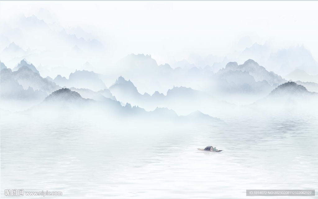 水墨山水画背景墙 船