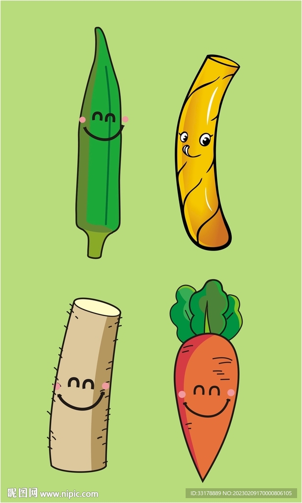 卡通手绘蔬菜秋葵薯条山药胡萝卜