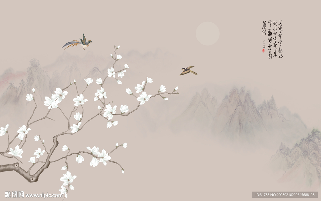 新中式玉兰花鸟画背景墙