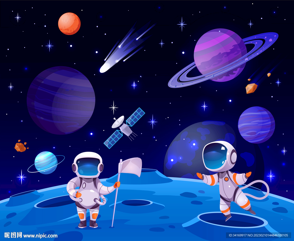 蓝色太空星球卡通宇航员银河背景